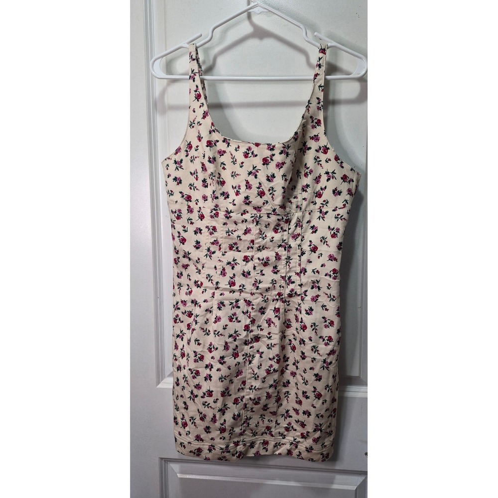 No Boundaries Floral Mini Dress Cream Pink Rose Denim Style Sleeveless Size M
